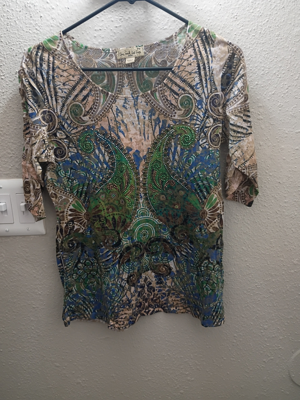 live and let live Green and Blue Paisley Embellished Scoop Neck Top